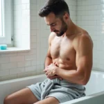 Homme assis sur le bord d'une baignoire avec une expression de gêne, tenant sa peau irritée après utilisation d'une crème dépilatoire