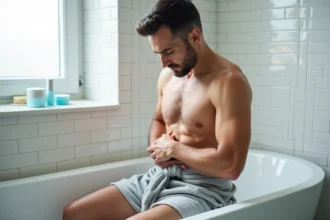Homme assis sur le bord d'une baignoire avec une expression de gêne, tenant sa peau irritée après utilisation d'une crème dépilatoire