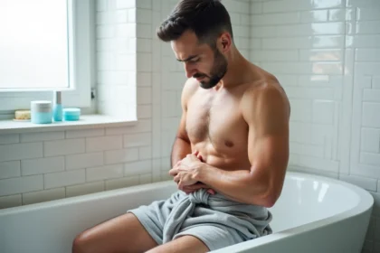 Homme assis sur le bord d'une baignoire avec une expression de gêne, tenant sa peau irritée après utilisation d'une crème dépilatoire