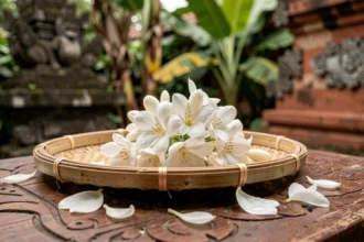 Gros plan de fleurs de jasmin de Bali blanches et fraîches posées sur un plateau en bambou tressé avec des pétales épars, atmosphère sacrée balinaise