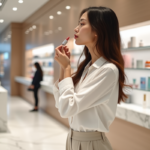 Jeune femme appliquant gloss à lèvres dans un magasin de beauté