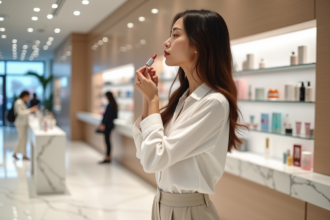 Jeune femme appliquant gloss à lèvres dans un magasin de beauté