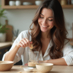 Jeune femme aux cheveux brillants souriante en cuisine