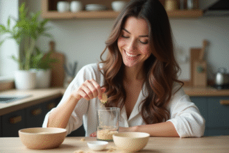 Jeune femme aux cheveux brillants souriante en cuisine