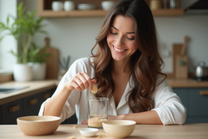 Jeune femme aux cheveux brillants souriante en cuisine