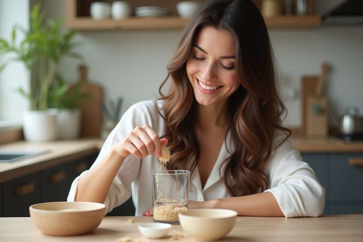 Jeune femme aux cheveux brillants souriante en cuisine