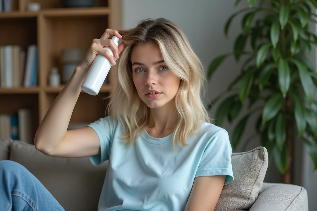 Jeune femme blonde coiffant ses cheveux dans un salon cosy