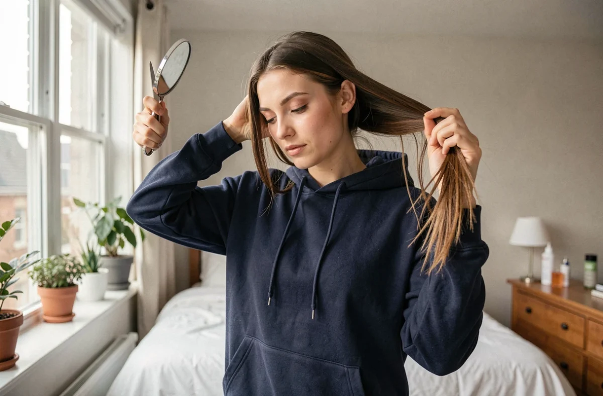 Jeune femme essayant de se couper les pointes seule dans sa chambre avec un miroir à main, mauvaise posture