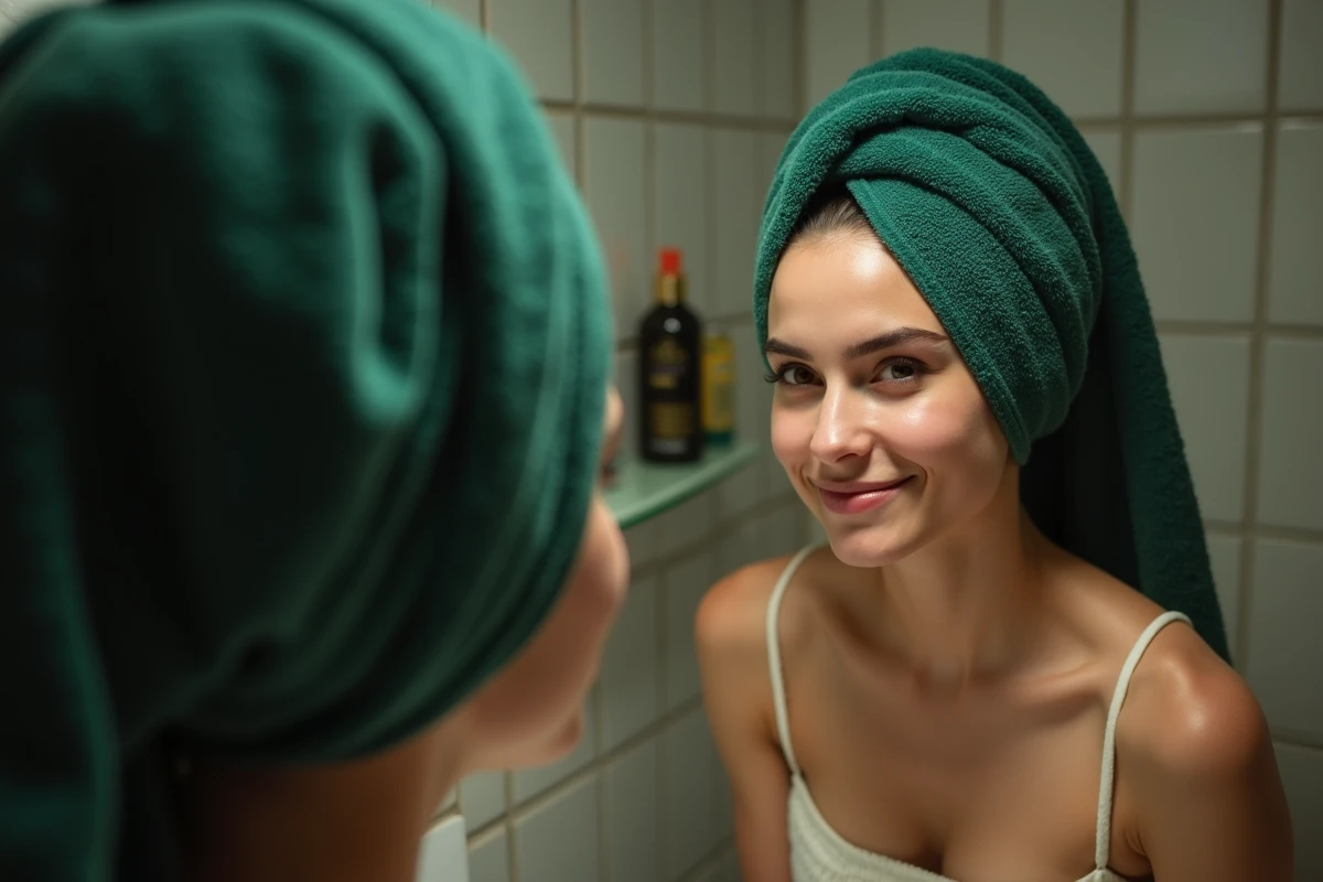 Jeune femme avec un towel vert attendant que la henné agisse dans la salle de bain