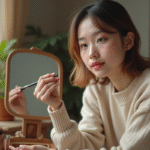 Jeune femme appliquant du maquillage devant un miroir