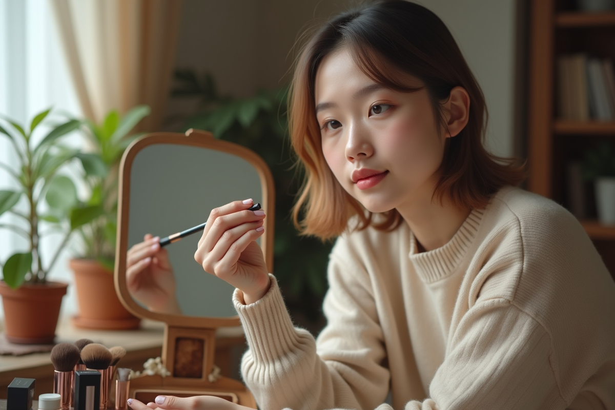 Jeune femme appliquant du maquillage devant un miroir