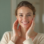 Jeune femme souriante se massant le visage devant miroir