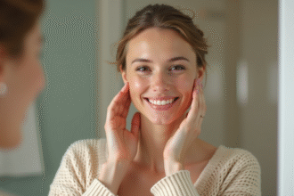 Jeune femme souriante se massant le visage devant miroir
