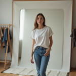 Jeune femme en jean blanc regardant son reflet dans un miroir