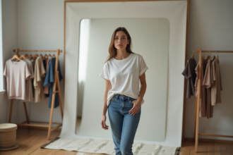 Jeune femme en jean blanc regardant son reflet dans un miroir