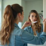 Jeune femme coupe son mullet dans un miroir moderne
