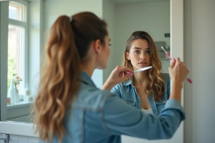 Jeune femme coupe son mullet dans un miroir moderne