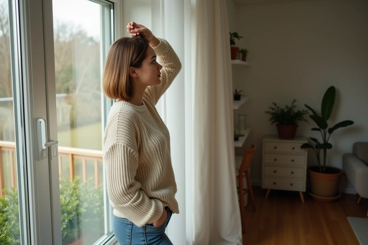 Jeune femme regardant ses cheveux dans une maison lumineuse