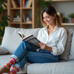 Jeune femme assise sur un canapé en jeans et chaussettes colorées