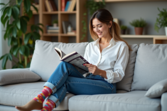 Jeune femme assise sur un canapé en jeans et chaussettes colorées