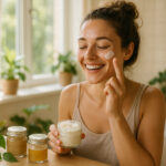 Jeune femme appliquant une creme naturelle dans une salle de bain lumineuse