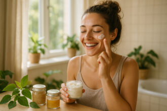Jeune femme appliquant une creme naturelle dans une salle de bain lumineuse