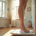 Jeune femme souriante sur une balance dans une salle de bain lumineuse