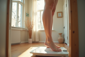 Jeune femme souriante sur une balance dans une salle de bain lumineuse