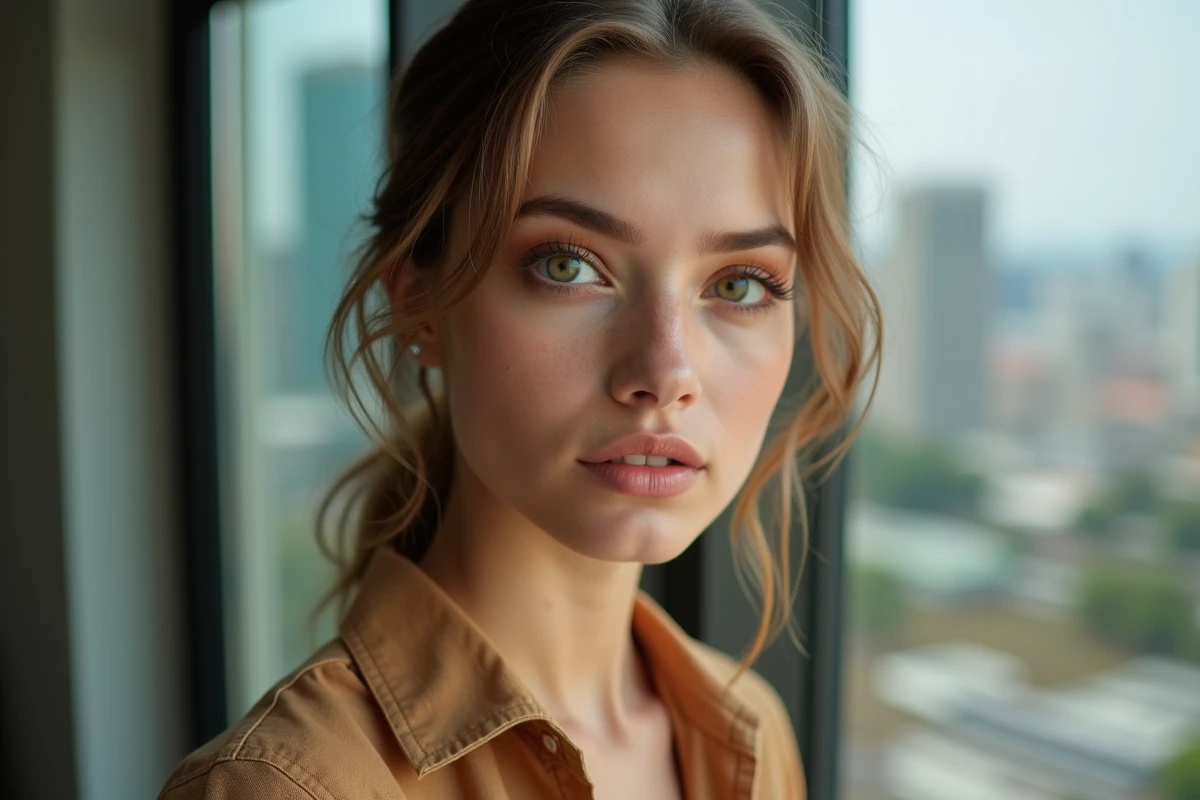 Jeune femme aux yeux hazel maquillés bronze près d'une fenêtre urbaine, tendance beauté 2026