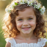 Jeune fille fleur avec couronnes blanches souriante en extérieur