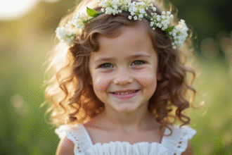 Jeune fille fleur avec couronnes blanches souriante en extérieur