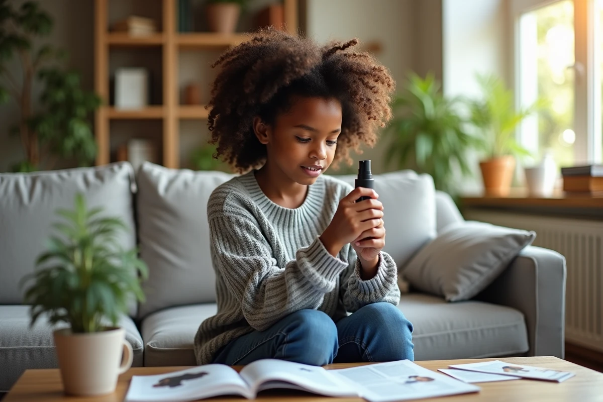 Jeune fille avec cheveux en transition examinant un spray dans un salon lumineux