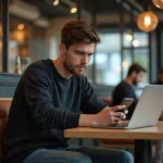 Jeune homme en streetwear au café avec ordinateur portable