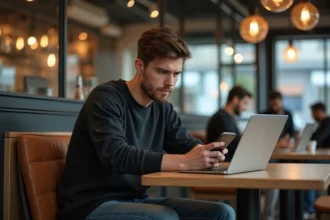 Jeune homme en streetwear au café avec ordinateur portable