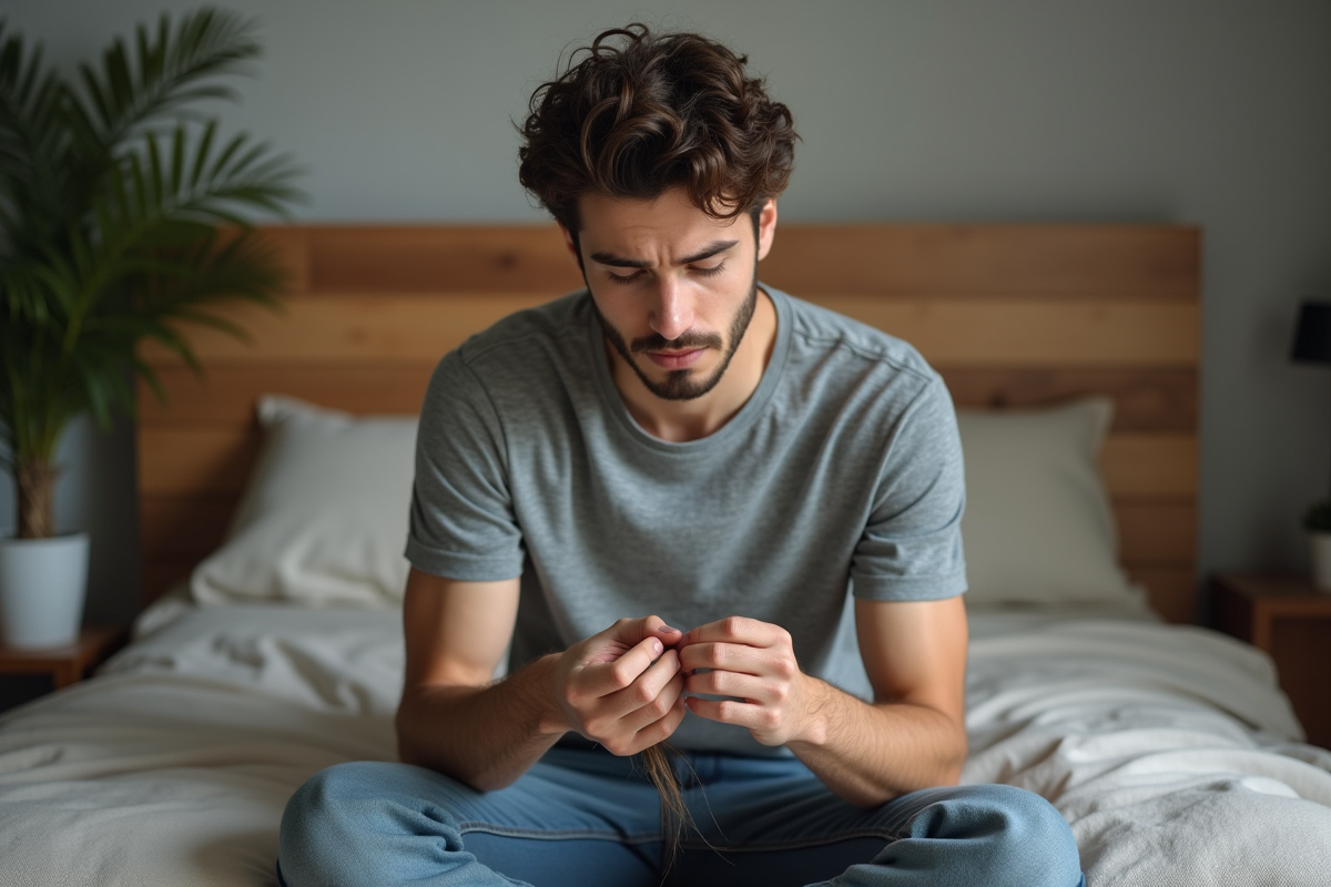Jeune homme regardant ses cheveux dans la chambre