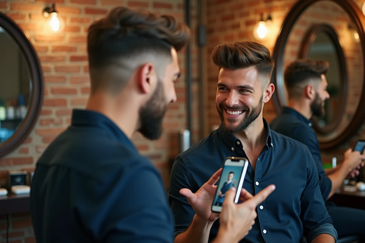 Jeune homme souriant avec coupe moderne en barbershop