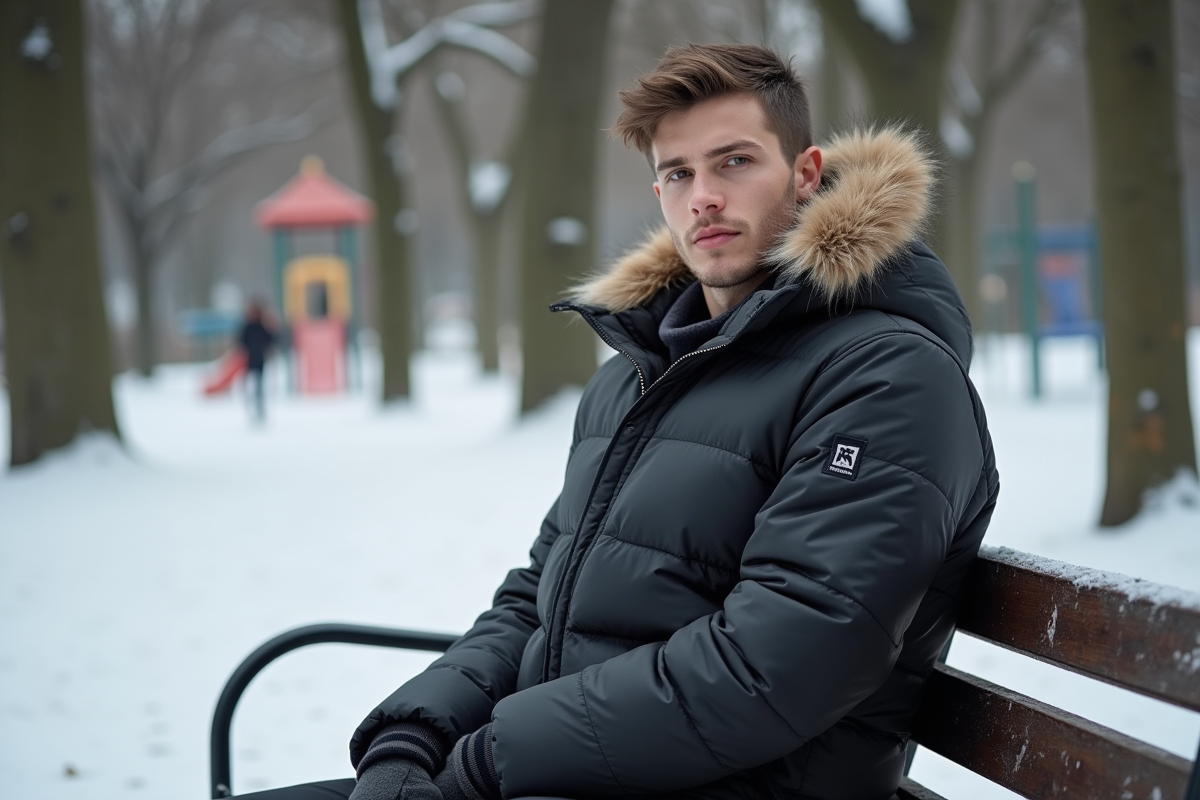 Jeune homme en parka dans un parc enneige