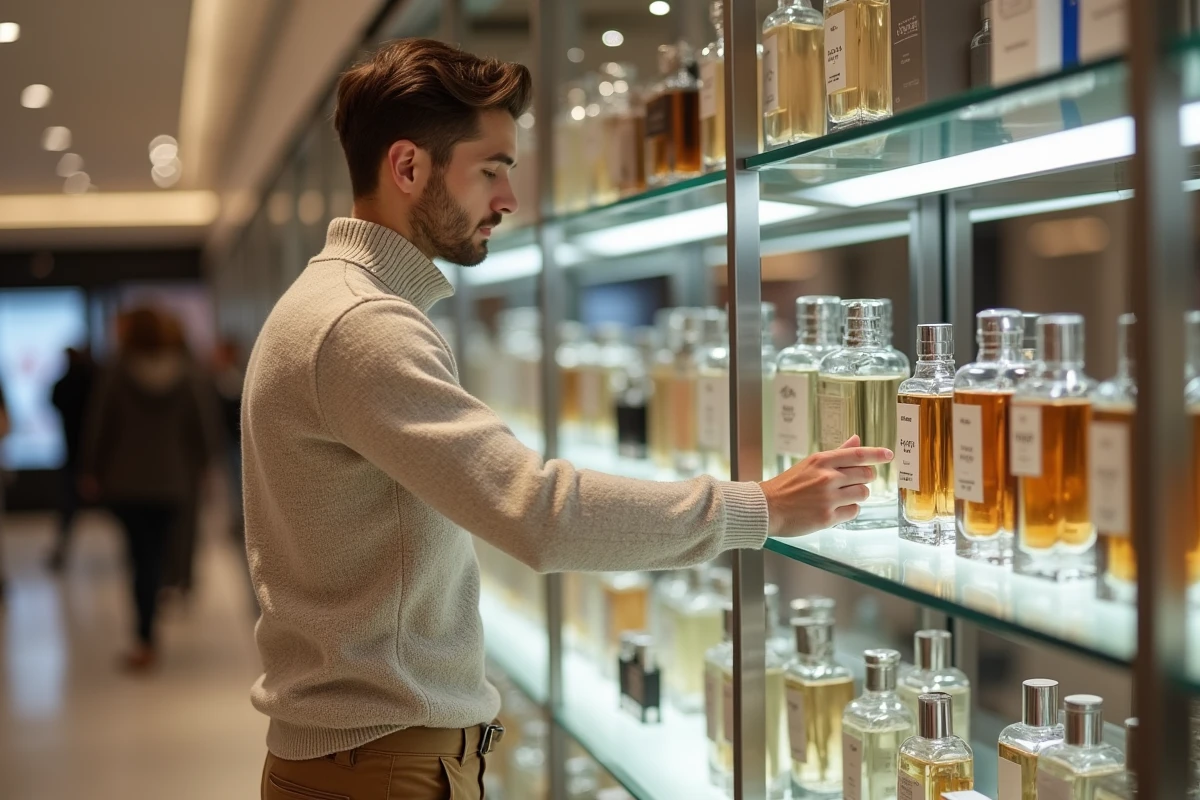 Jeune homme choisissant un parfum dans une parfumerie moderne