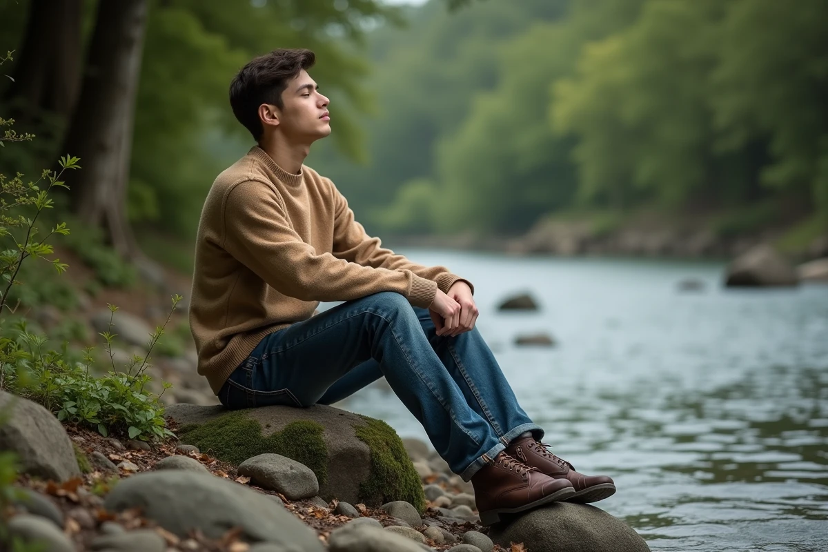 Jeune homme assis sur une roche au bord de la rivière