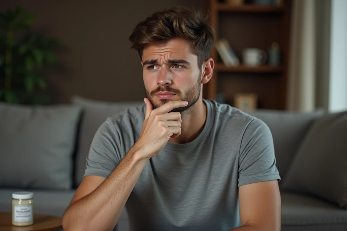 Jeune homme en salon examinant son menton