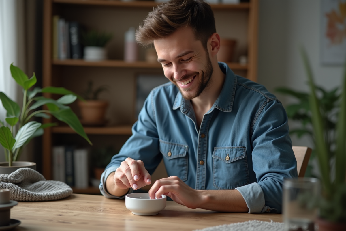 Jeune homme trempant ses doigts dans un bol d