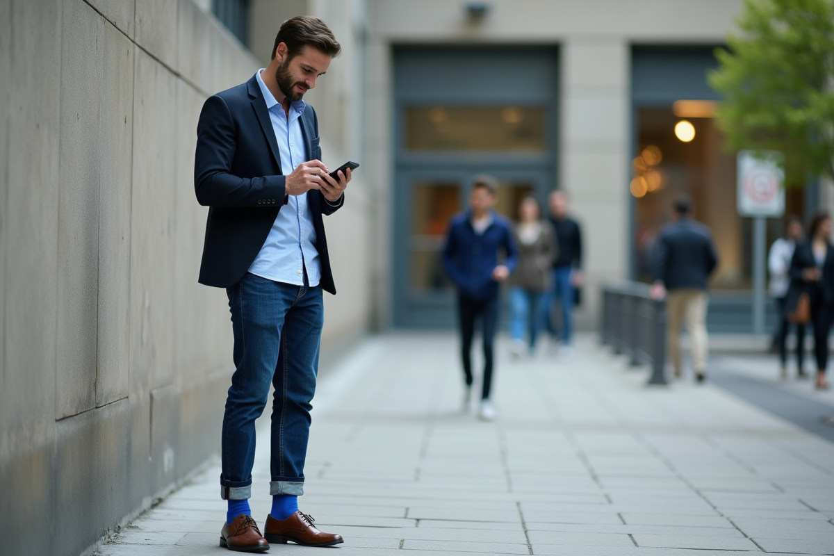 Jeune homme en jeans et chaussettes dans la rue urbaine