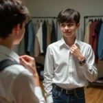 Jeune homme en mode backstage ajustant son col