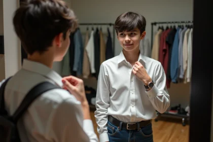 Jeune homme en mode backstage ajustant son col