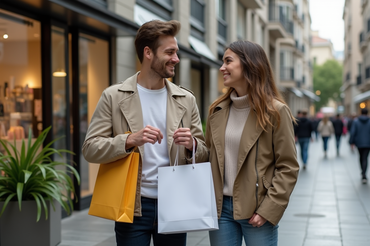 Jeunes adultes discutant devant des boutiques de beauté en ville