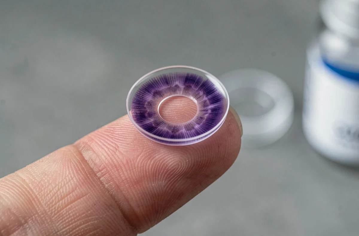 Lentille de contact violette posée sur le bout d'un doigt avec une solution saline en arrière-plan flou