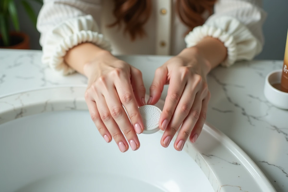 Mains fragiles avec ongles courts tenant un kit en porcelaine