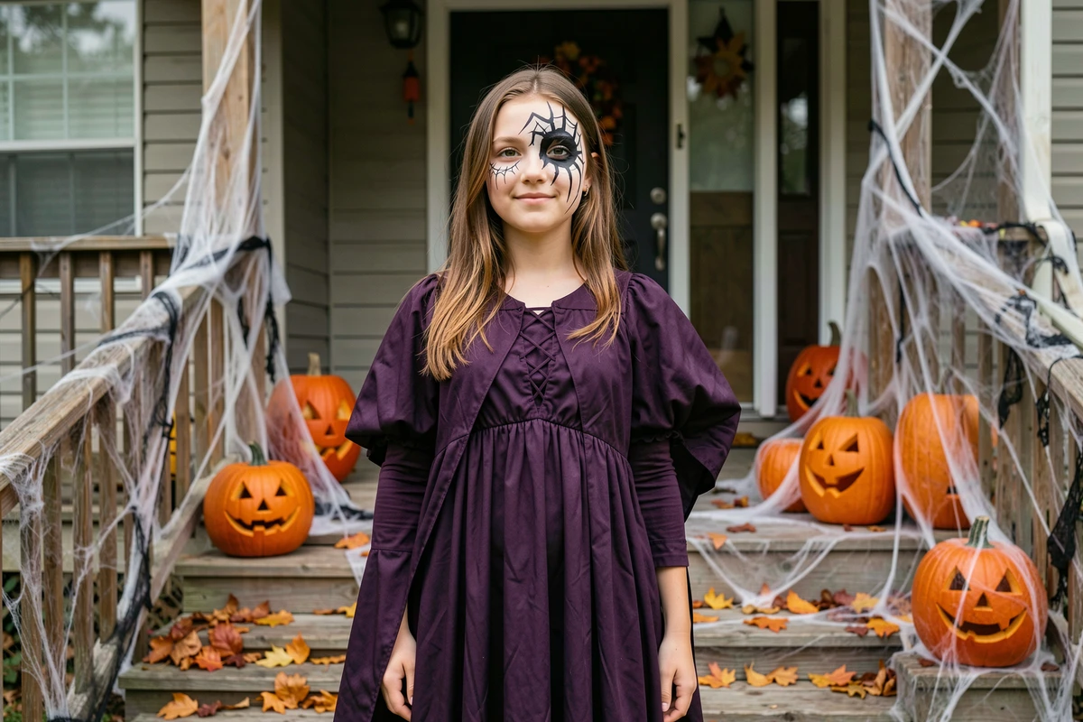 Adolescente avec maquillage araignée complet posant devant une maison décorée pour Halloween