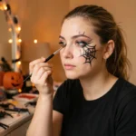 Jeune femme appliquant un maquillage araignée d'Halloween devant son miroir de chambre