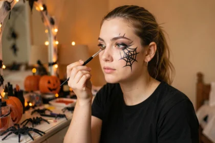 Jeune femme appliquant un maquillage araignée d'Halloween devant son miroir de chambre